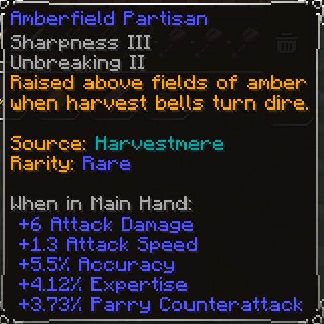 Amberfield Partisan, Rare item lore