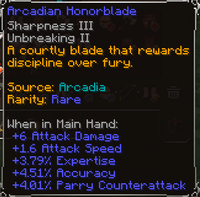 Arcadian Honorblade, Rare item lore