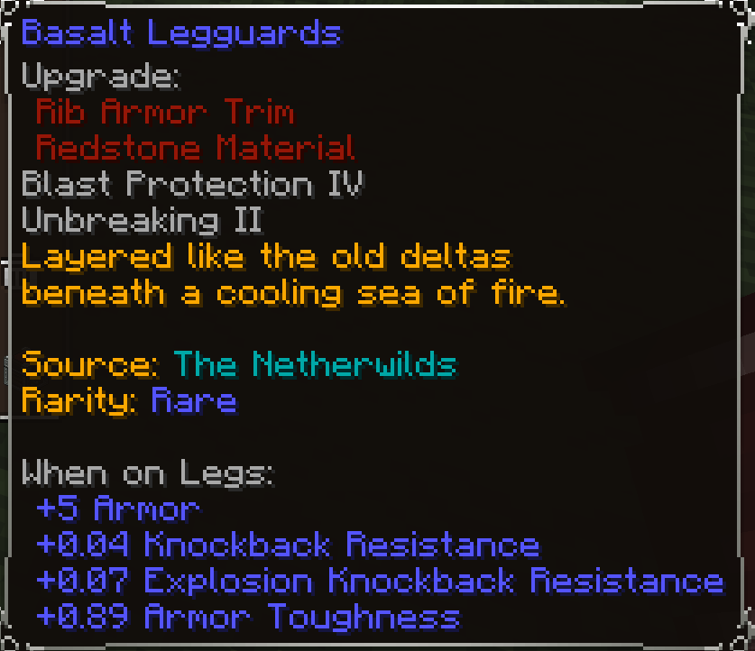 Basalt Legguards, Rare item lore