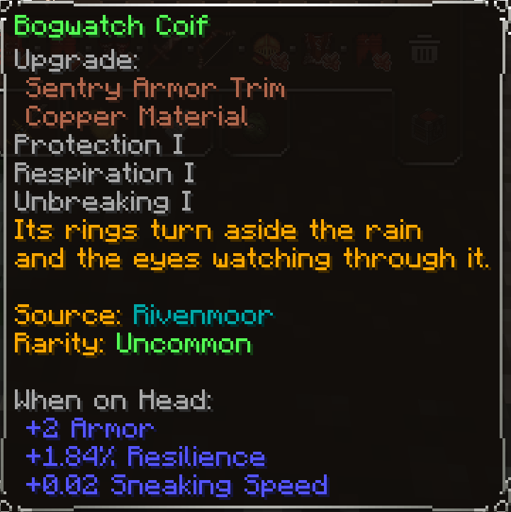 Bogwatch Coif, Uncommon item lore