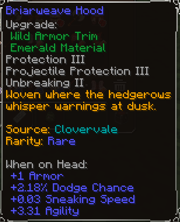 Briarweave Hood, Rare item lore