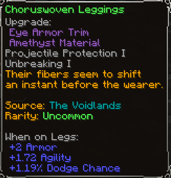 Choruswoven Leggings, Uncommon item lore