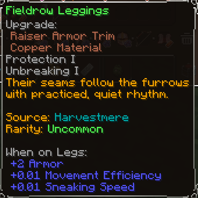 Fieldrow Leggings, Uncommon item lore
