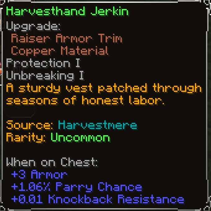 Harvesthand Jerkin, Uncommon item lore
