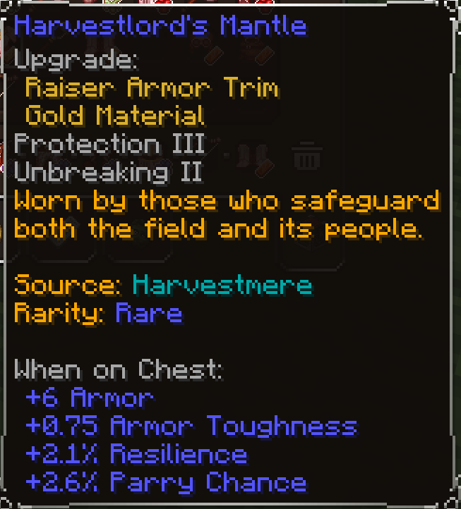 Harvestlord's Mantle, Rare item lore