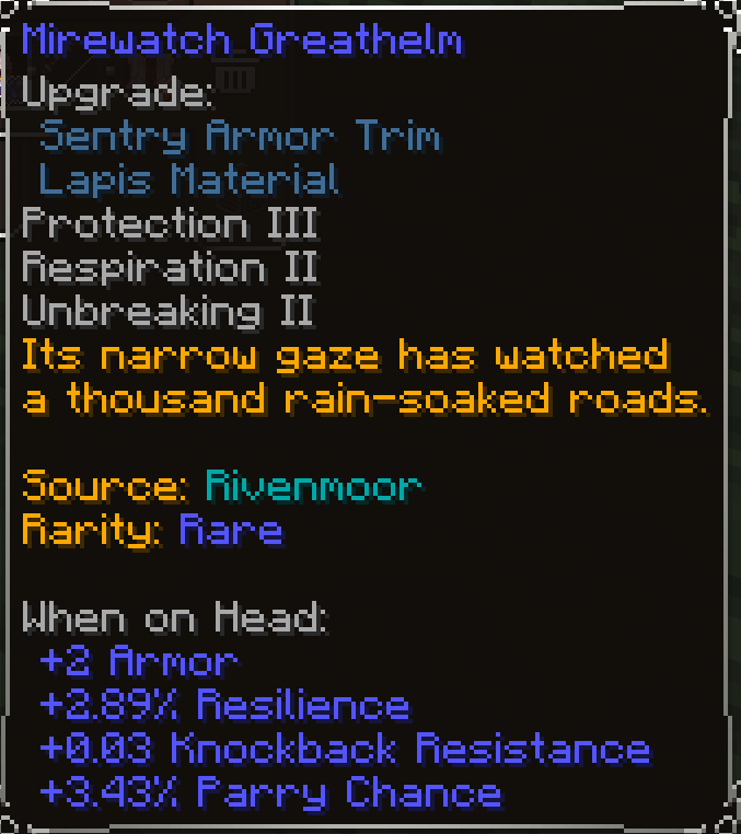 Mirewatch Greathelm, Rare item lore