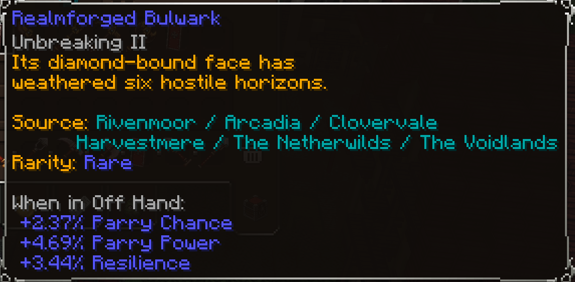 Realmforged Bulwark, Rare item lore