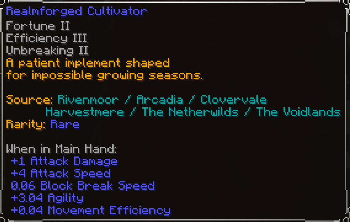 Realmforged Cultivator, Rare item lore