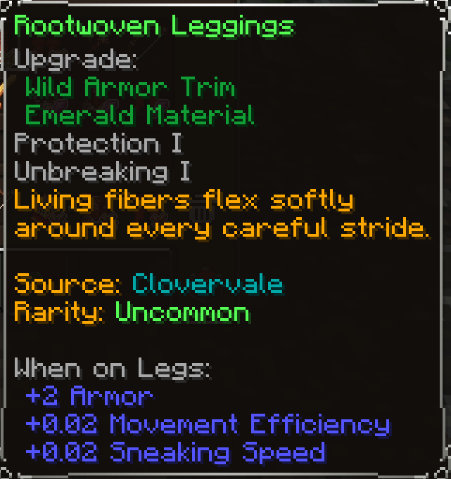 Rootwoven Leggings, Uncommon item lore