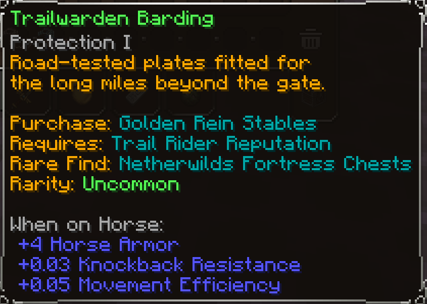 Trailwarden Barding, Uncommon item lore