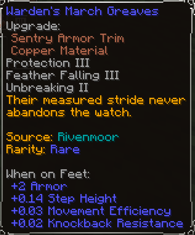 Warden's March Greaves, Rare item lore